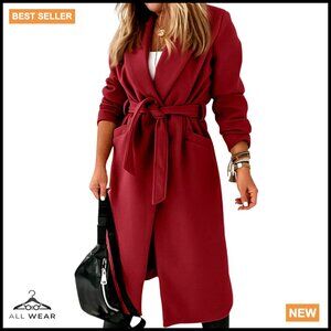 Wool Blend Pea Coat Notch Lapel Belted Maxi Trench Coat Elegant Winter
